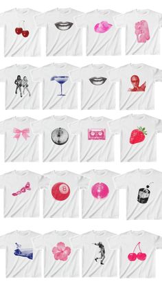 a bunch of t - shirts with different designs on them, all in pink and white