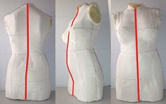 three different views of a mannequin's body with red lines on it