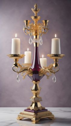 an ornate candelabra with four candles on it, in front of a purple background