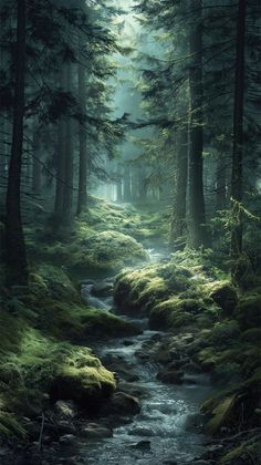 a stream running through a forest filled with lots of green mossy trees and rocks