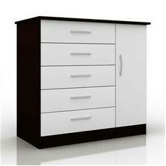 a white and black dresser with drawers on it