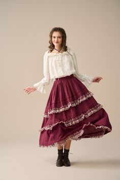 Step back in time with our Victorian Style Skirt, where every stitch reflects exceptional craftsmanship. Revel in the elegance of this skirt adorned with a graceful flare that flows seamlessly as you walk or dance, creating a captivating presence at the Renaissance Festival or any historical event.  You'll be pleased with these ruffles. Why not pair it with a simple, casual blouse and let this skirt be the focal point of your look. 【Fabric】 Plum/brown: 100%Linen, around 200g/gram. Medium weight. Wheat/Black: 100% Velvet 【Size】 *SIZE XS waist: 26"/ 65 cm *SIZE S waist: 27"/ 70 cm *SIZE M waist: 29/ 75 cm *SIZE L waist: 31.5" / 80 cm SIZE XL Waist: 33"/ 85cm SIZE XXL waist : 35" / 90 cm SIZE 3XL waist : 37" / 95 cm Vintage Dress With Gathered Tiered Skirt, Bohemian Lace Lined Skirt, Bohemian Dress With Ruffles And Full Skirt, Bohemian Style Long Skirt With Lace Trim, Bohemian Long Skirt With Lace Trim, Fitted Vintage Skirt With Historical Design, Vintage Lace Skirt With Lace Patchwork, Vintage Tiered Gathered Skirt, Vintage Gathered Tiered Skirt