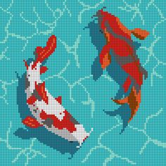 two koi fish swimming in the water cross stitch pattern on a blue background with circles