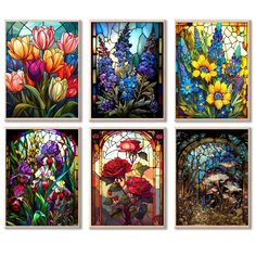 four stained glass panels with flowers in them