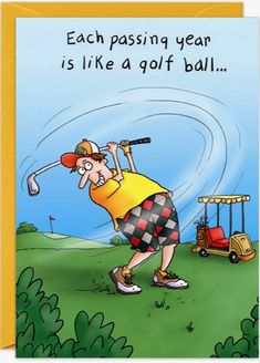 a birthday card with a cartoon golf player about to hit the ball