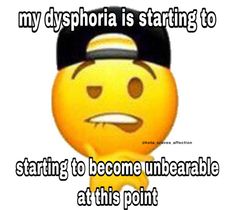 a smiley face with the caption'my dyspheria is starting to start staring to become unbearable at this point