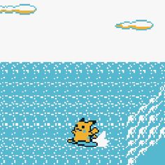 an old school pixel art video game with a yellow pokemon character floating in the water