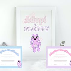 there is a pink teddy bear on the wall next to two certificates and a framed photo