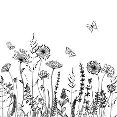 black and white drawing of flowers with butterflies flying above them on a sunny day in the countryside