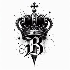 a black and white drawing of a crown with the letter b on it's side