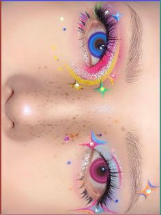 xiaohongshu colorful rainbow eye makeup inspo idea douyin makeup tutorial eyeliner eyeshadow kawaii harajuku Blue Purple Eye Makeup, Hyperpop Makeup, Funky Makeup Creative, Спонж Beauty Blender, Unique Makeup Looks, Make Up Yeux, Perfect Mascara, Funky Makeup