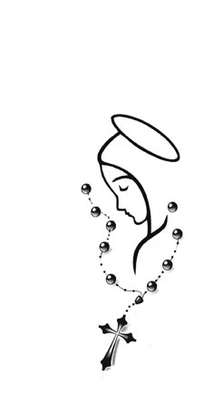 a black and white drawing of a woman's face with a rosary on it