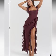 Midi Dress With Fluttery Ruffles, Draped Cowl Neckline, Thigh-High Split, Fully Lined, Side Zipper In Berry Color. Never Worn. Jisoo Coachella Outfit, Rebellious Fashion, Grad Outfits, Hoco Inspo, Chic Dressing, Stylish Maxi Dress, School Dance Dresses, Prom Dress Inspo, Classy Fits