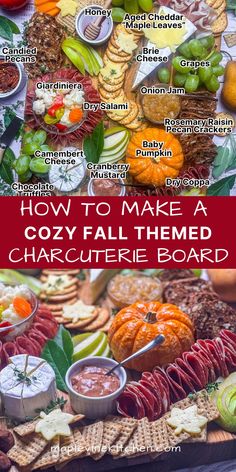 Charcuterie board with baby pumpkin and other fall themed decor. Fall Themed Charcuterie Board, Autumn Charcuterie Board, Chili Charcuterie, Fall Cheese Board, Fall Charcuterie Board Ideas, Fall Finger Foods, Antipasto Platters, Themed Charcuterie Board, Fall Cheese Boards