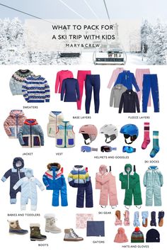 Taking kids skiing for the first time? Here is a packing list for ski trip with kids. What you need to pack and what must-have items you need to buy for a first family ski trip. Planning a ski trip with kids is easier using this simple packing guide. Winter weather gear you need when taking kids to see snow and try out skiing. | family travel planning | family ski vacation | winter vacation | winter ski trip | family skiing | skiing packing list | skiing travel tips Snow Trip Essentials, Skiing Must Haves, What To Pack For Ski Trip, Skiing With Kids, Snow Trip Packing List, Kids Snow Outfits, Family Ski Trip Packing List, Skiing Packing List, Ski Vacation Packing List