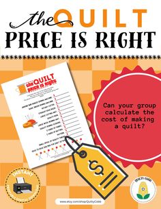 the quilt price is right poster with an orange and white checkered background, which includes a