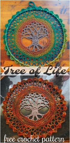 crocheted tree of life doily is shown in two different colors and has the words tree of life on it