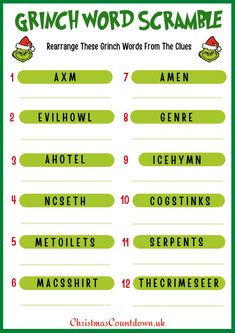 Grinch Word Scramble - Free Printable Game Grinch Themed Games For Kids, Grinch Activities For Kids Free Printable, Grinch Christmas Activities, Grinch Themed Party Games, Grinch Themed Games, Elf Party Games