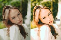 two different pictures of a woman with long hair and wearing a white shirt, posing for the camera