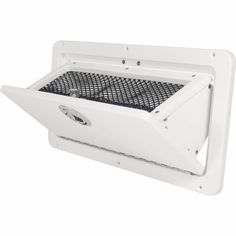 a white wall mounted heater with an open vent on the front and back side