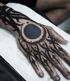 a person's hand with black ink on it and an eyeball in the middle