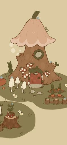 an image of a mushroom house with mushrooms around it