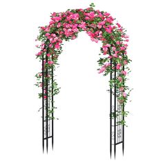 an arch with pink flowers on it and black metal posts, isolated against a white background