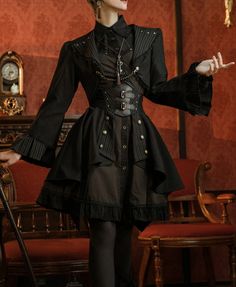 ❤︎ Steam Continental Light Goss Black Short Jacket❤︎ Light Goth, Style Steampunk, Old Fashion Dresses, Velvet Fashion, Really Cute Outfits, Fantasy Clothing, Fancy Outfits, Rave Outfits, Lolita Dress