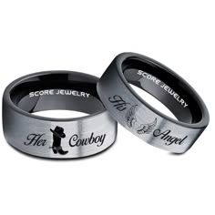 two wedding rings with the names of people on them