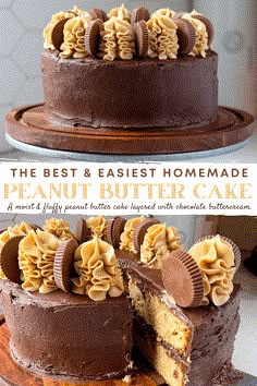 the best and easy homemade peanut butter cake with chocolate frosting is cut in half