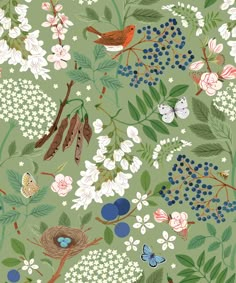 a green wallpaper with birds, flowers and berries on the branches in various colors