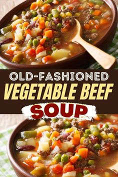 two bowls filled with vegetable beef soup on top of a green and white checkered table cloth