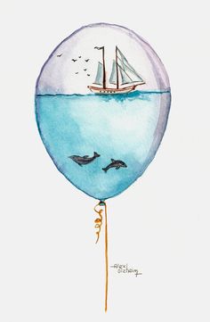 a drawing of a balloon with a sailboat floating in the water on it's side