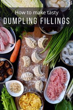 dumpling fillings in bowls with chopsticks and vegetables