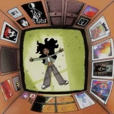 an image of a cartoon character on the television screen with many pictures around it and one person holding his arms out