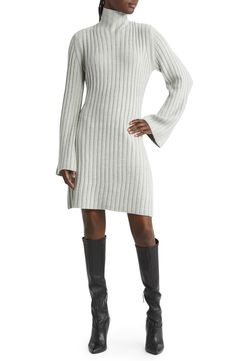 Lovely and soft to the touch, this ribbed sweater-dress with an elegant mock neckline is a mainstay for cool-season layering. 33 1/2" length (size Medium) Mock neck Long sleeves Unlined Dry clean or hand wash, dry flat Imported Dress With Loafers, Double Breasted Blazer Dress, Knee High Boots Dress, Pink Satin Dress, Jeans Outfit Fall, Grey Long Sleeve Dress, Rib Sweater, Ribbed Sweater Dress, Black Dress With Sleeves