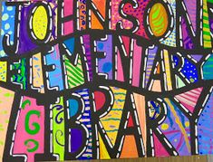 an art piece with words written in different colors and shapes on it, including the word's name