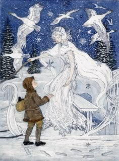 a drawing of a man and woman in the snow with birds flying above them,