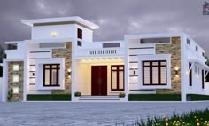 this is a 3d rendering of a modern style house in white and brown colors with red shutters