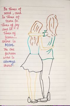 a drawing of two people hugging each other with words written on the paper behind them