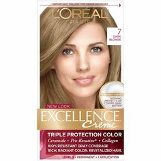 L'Oreal Paris Excellence Creme Permanent Hair Color, 7 Dark Blonde, 100 percent Gray Coverage Hair Dye, Pack of 1 Gray Coverage Hair Color With Triple Protection: No hair color cares more than Excellence Crème; With our triple protection system that seals, replenishes and conditions, plus 100 percent gray coverage even on stubborn grays. Excellence In Hair Protection: Our weekly conditioning treatment with collagen helps protect hair until your next appointment for long lasting rich color; For 1 Paris Dark, Beige Blond, Caring For Colored Hair, Grey Hair Coverage, Dark Blonde Hair Color, At Home Hair Color, Temporary Hair Color, Gray Coverage, Dark Blonde Hair