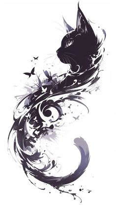 a black and white drawing of a cat with swirls on it's back