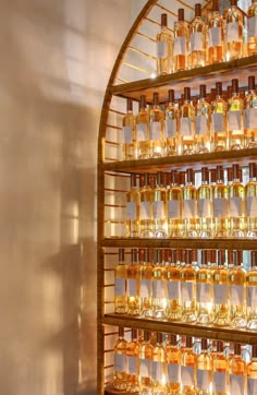 a shelf filled with lots of bottles next to a wall