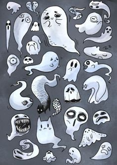 a bunch of ghost stickers that are on a black surface with white and gray colors