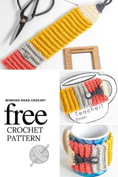 the crochet mug cozy is made with two different colors and has scissors next to it