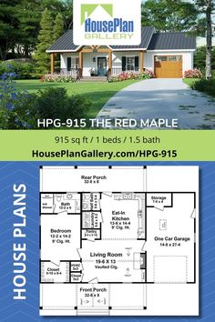 Farmhouse House Plan - HPG-915 with 1 bed / 1.5 baths Little House Plans, Beautiful Farmhouse, Red Maple, Beautiful House Plans, House Plans Farmhouse