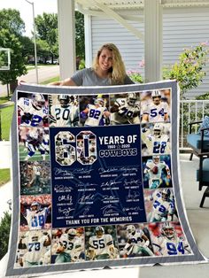 a woman holding up a blanket that has photos on it and the words 30 years of cowboys