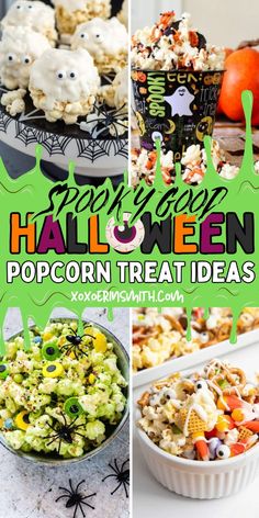 halloween popcorn treats with spooky eyes and ghost faces on the top are featured in this collage