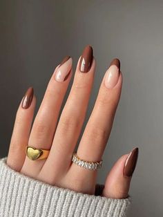 Free Returns ✓ Free Shipping✓. Get Glamorous With 24pcs Long Almond Brown Solid French Color Block Fake Nail & 1sheet Tape & 1pc Nail File Press On Nails Nail Supplies- Press On False Nails at SHEIN. Brown Acrylic Nails, White Nail, Brown Nails, Pretty Acrylic Nails, Chic Nails, Short Acrylic Nails, Nail Arts, Matte Nails