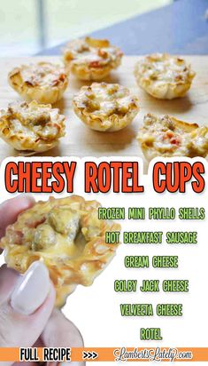 cheesy rotel cups, with ingredient list. Rotel Cups, Phyllo Shells, Buffalo Chicken Fries, Instant Pot Freezer Meals, Hot Snacks, Rotel Tomatoes, Colby Jack, Velveeta Cheese